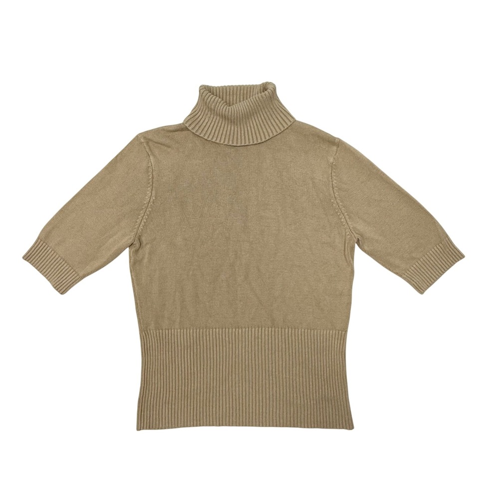 Liz & Co Womens Tan Beige Short Sleeve Turtleneck Ribbed Hem Sweater Size L